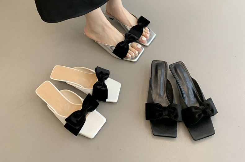 Kitten Heel Bow Sandals Slide