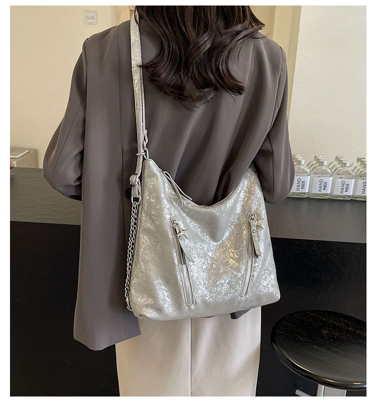 Plain Chain Leather Backpack Strap Zipped Faux