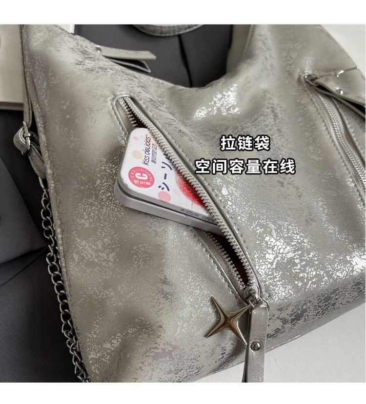 Plain Chain Leather Backpack Strap Zipped Faux