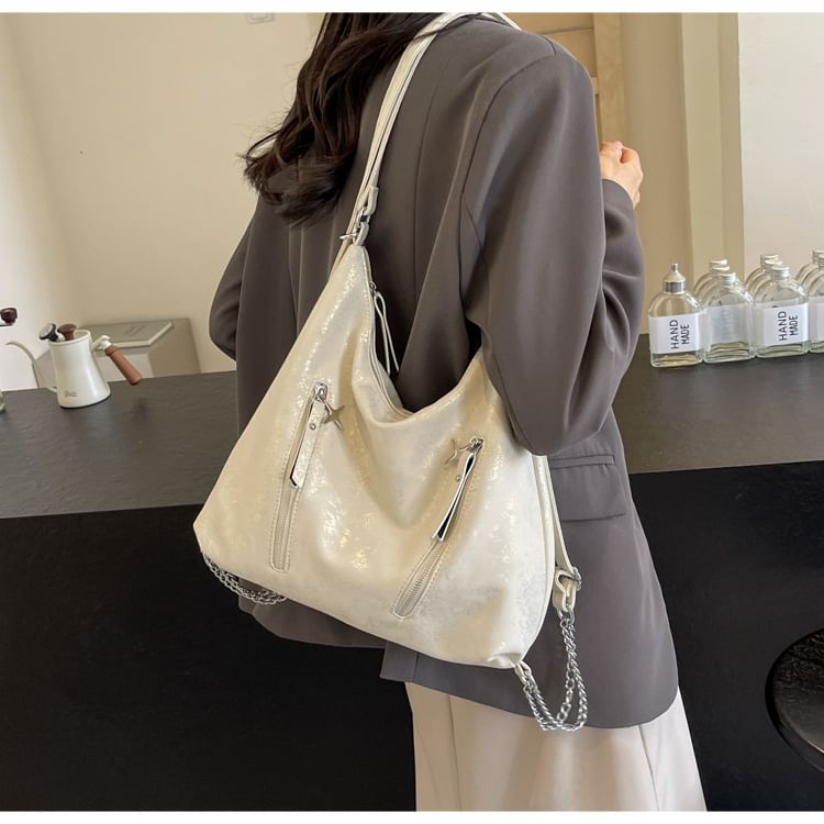 Plain Chain Leather Backpack Strap Zipped Faux