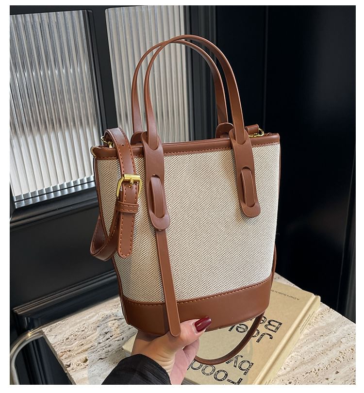 Bag Faux Two Panel Leather Bucket Canvas Tone