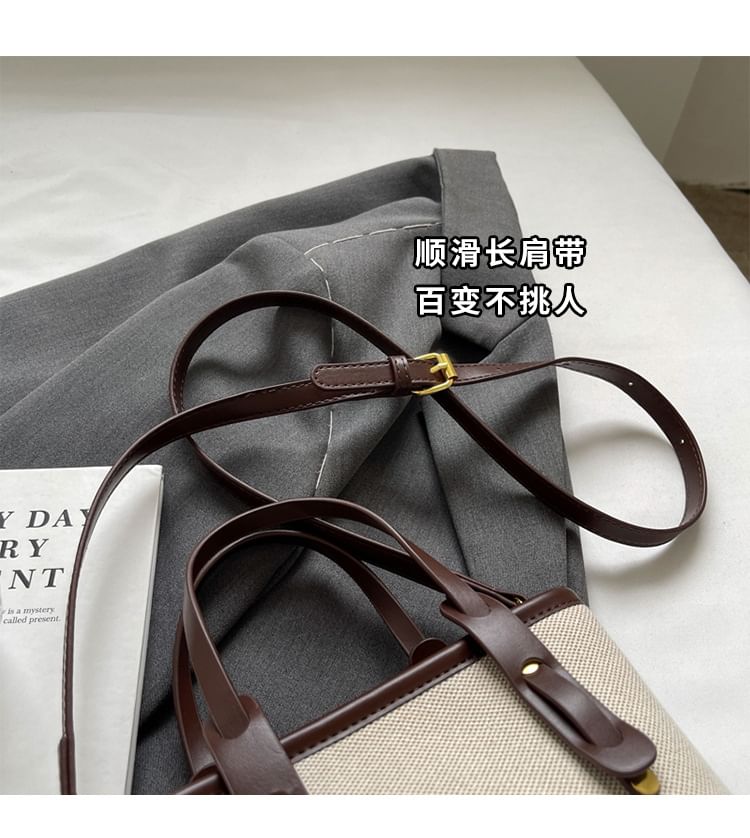 Bag Faux Two Panel Leather Bucket Canvas Tone