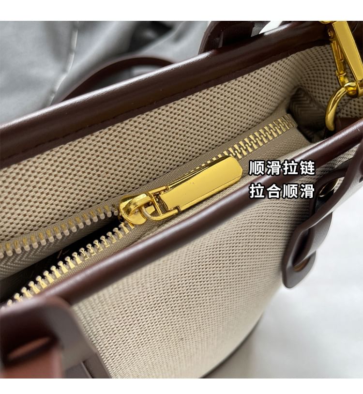 Bag Faux Two Panel Leather Bucket Canvas Tone