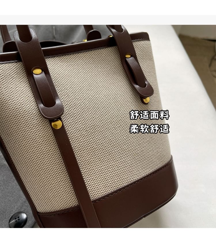 Bag Faux Two Panel Leather Bucket Canvas Tone