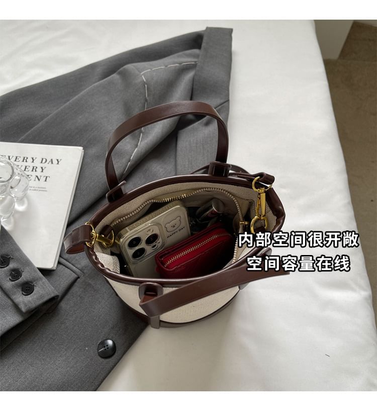 Bag Faux Two Panel Leather Bucket Canvas Tone