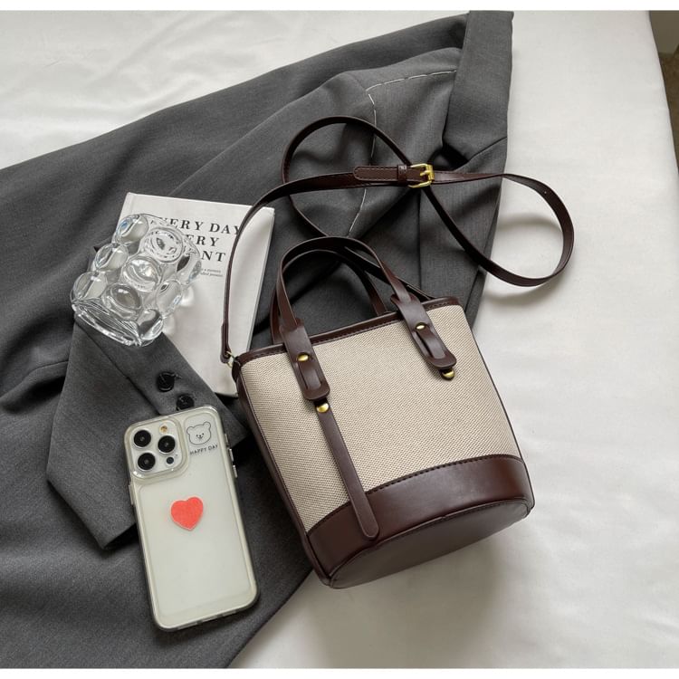 Bag Faux Two Panel Leather Bucket Canvas Tone