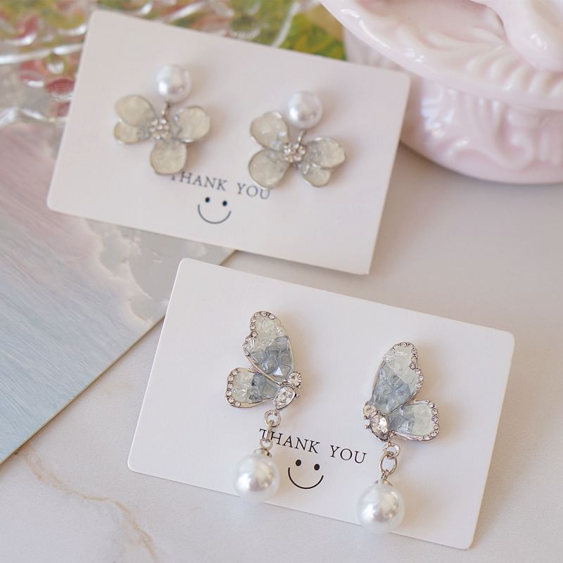 / Drop Floral Alloy Butterfly Crystal Faux Pearl Earring