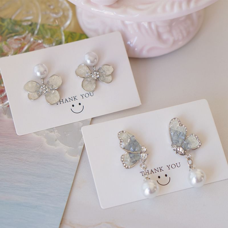 / Drop Floral Alloy Butterfly Crystal Faux Pearl Earring