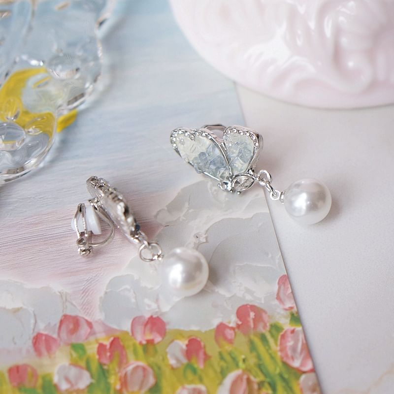 / Drop Floral Alloy Butterfly Crystal Faux Pearl Earring