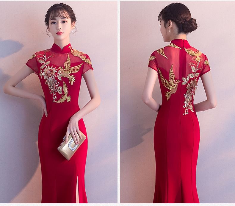 Gown Chinese Embroidered Mermaid Traditional Evening Cap-Sleeve