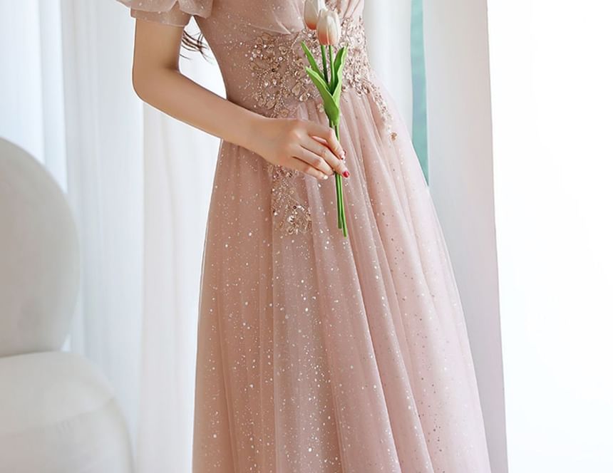 Designs) Rhinestone A-Line Mesh (Various Short-Sleeve Gown Evening