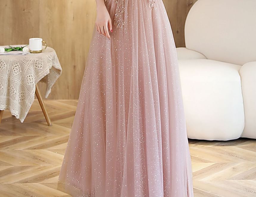 Designs) Rhinestone A-Line Mesh (Various Short-Sleeve Gown Evening