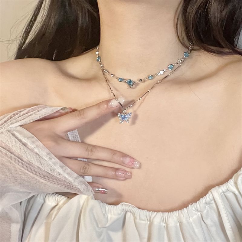 Alloy + Necklace Choker Faux Butterfly Set: Pendant Crystal