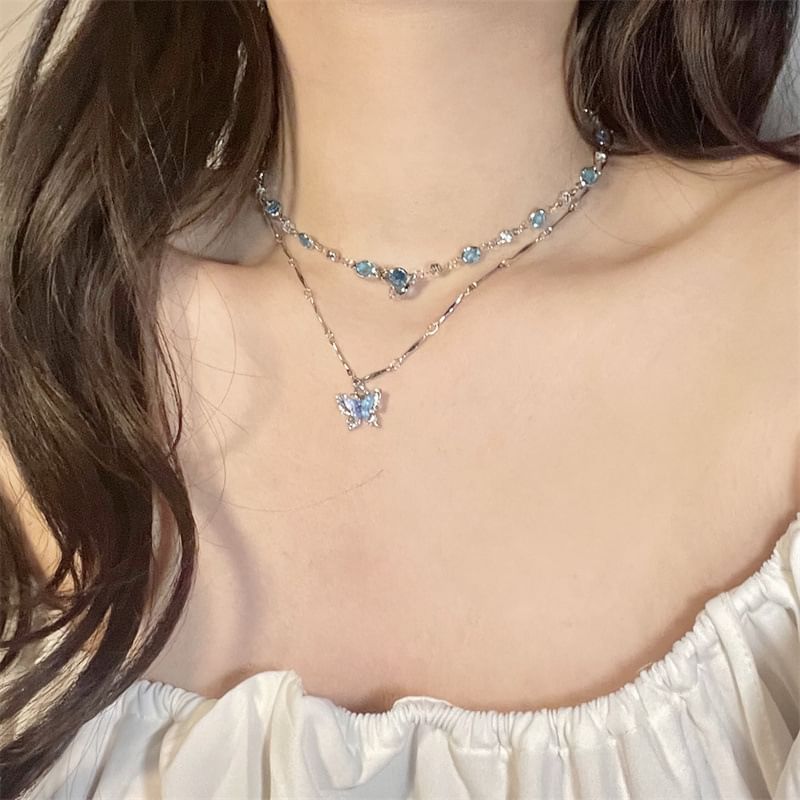 Alloy + Necklace Choker Faux Butterfly Set: Pendant Crystal