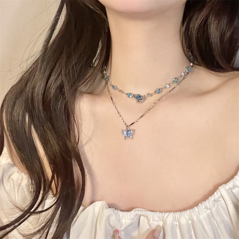 Alloy + Necklace Choker Faux Butterfly Set: Pendant Crystal
