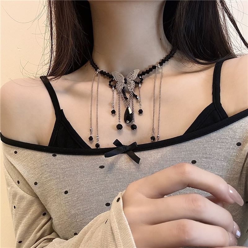 Studded / Leather Alloy Faux Choker Butterfly