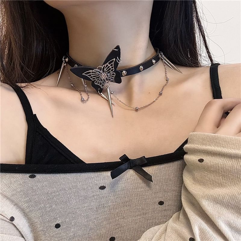 Studded / Leather Alloy Faux Choker Butterfly