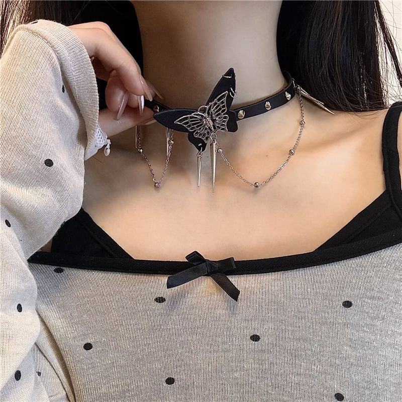 Studded / Leather Alloy Faux Choker Butterfly