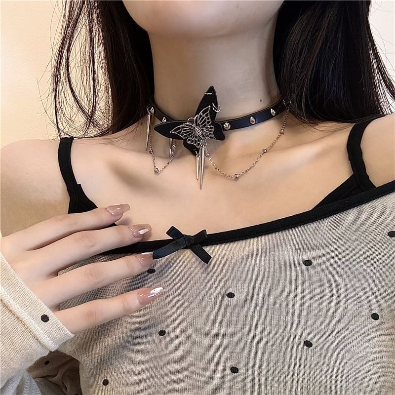 Studded / Leather Alloy Faux Choker Butterfly