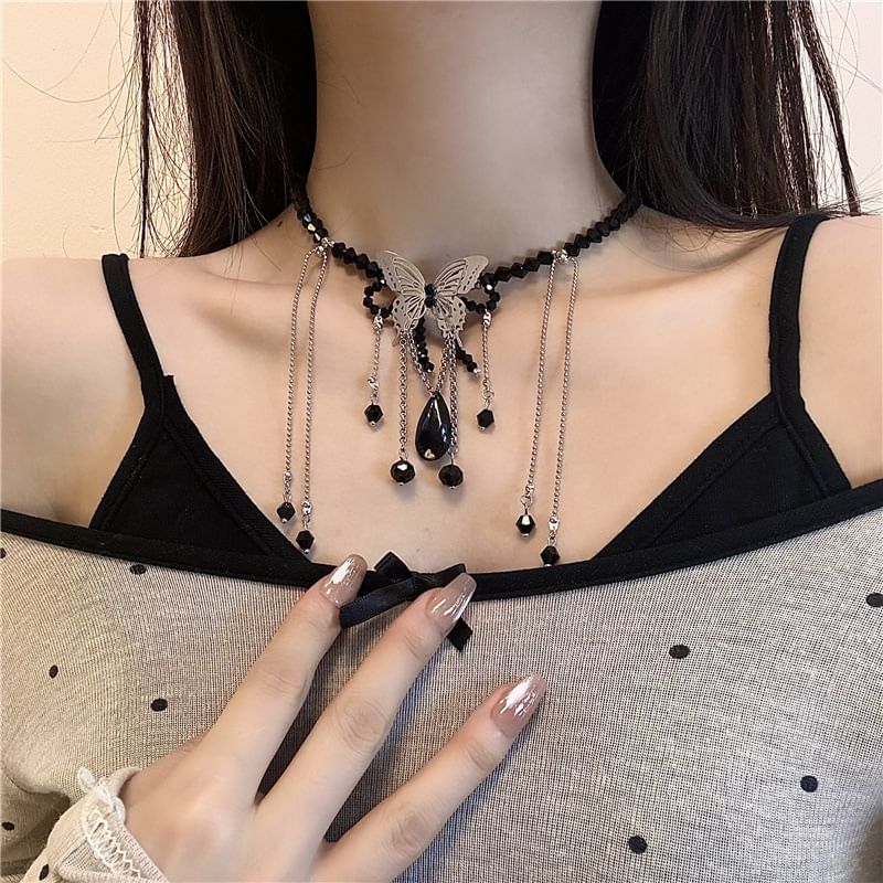 Studded / Leather Alloy Faux Choker Butterfly
