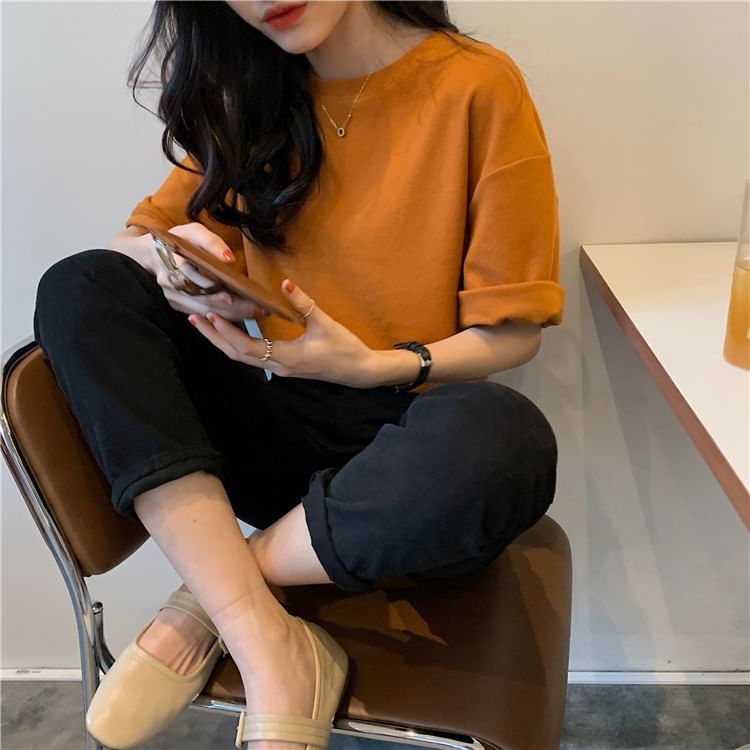 Neck Crew Print T-Shirt Lettering Short-Sleeve