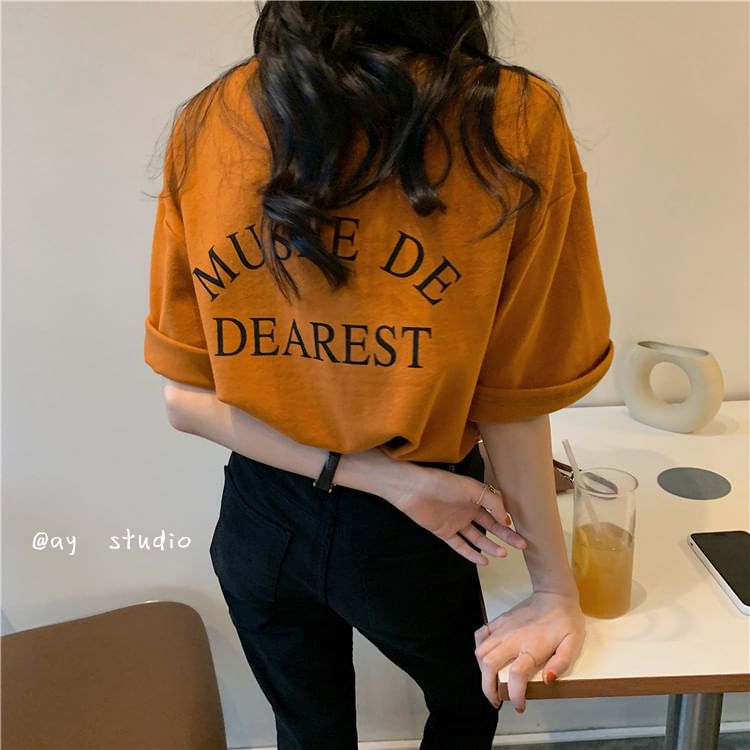 Neck Crew Print T-Shirt Lettering Short-Sleeve