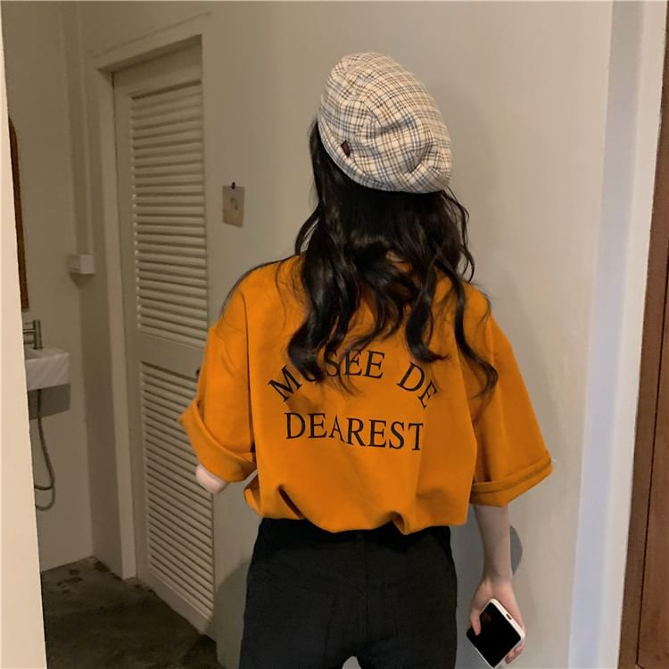 Neck Crew Print T-Shirt Lettering Short-Sleeve