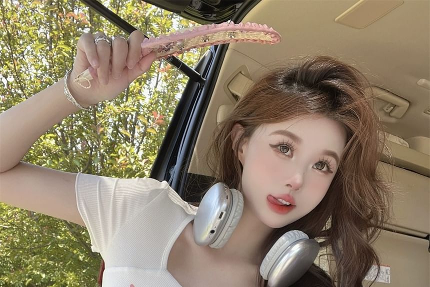 Tee Print Neck Short-Sleeve Square Lettering Cartoon