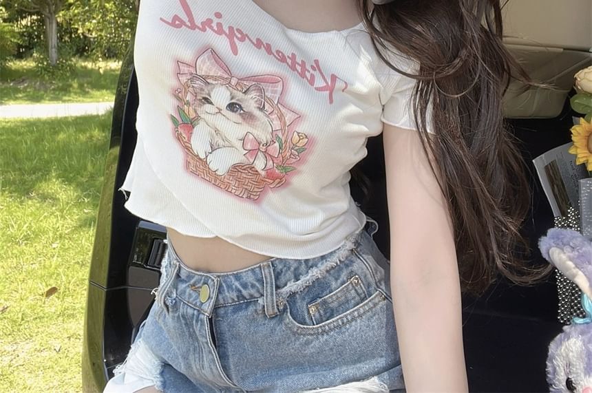 Tee Print Neck Short-Sleeve Square Lettering Cartoon