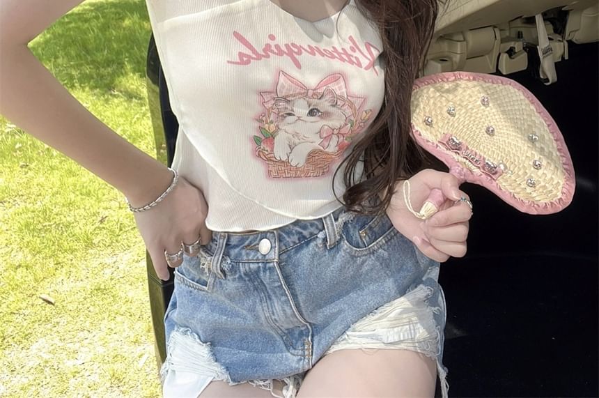 Tee Print Neck Short-Sleeve Square Lettering Cartoon