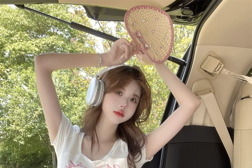 Tee Print Neck Short-Sleeve Square Lettering Cartoon