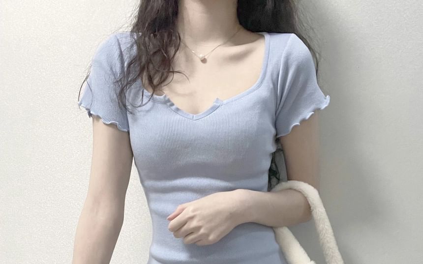 Notch Sheath Edge Plain Mini Lettuce Dress Neck Short-Sleeve