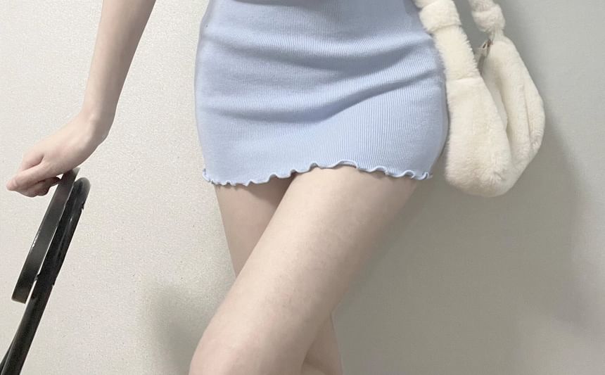 Notch Sheath Edge Plain Mini Lettuce Dress Neck Short-Sleeve