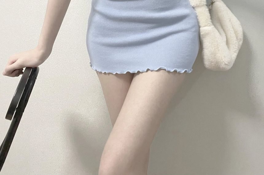 Notch Sheath Edge Plain Mini Lettuce Dress Neck Short-Sleeve