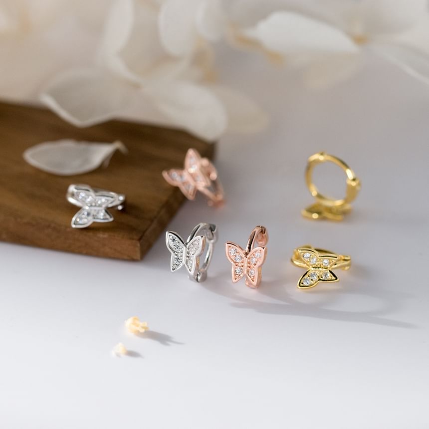 Butterfly Rhinestone Sterling Silver Huggie Earring