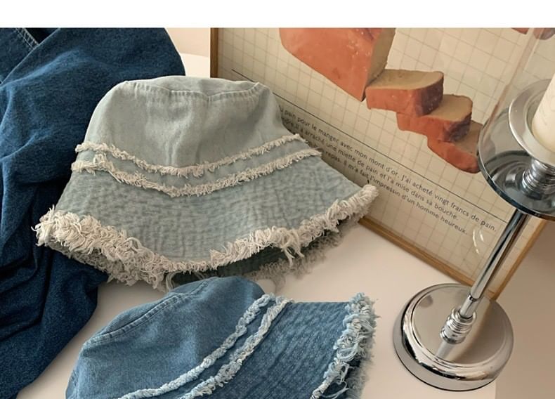 Hat Denim Distressed Fringed Bucket