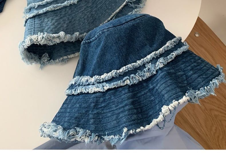 Hat Denim Distressed Fringed Bucket