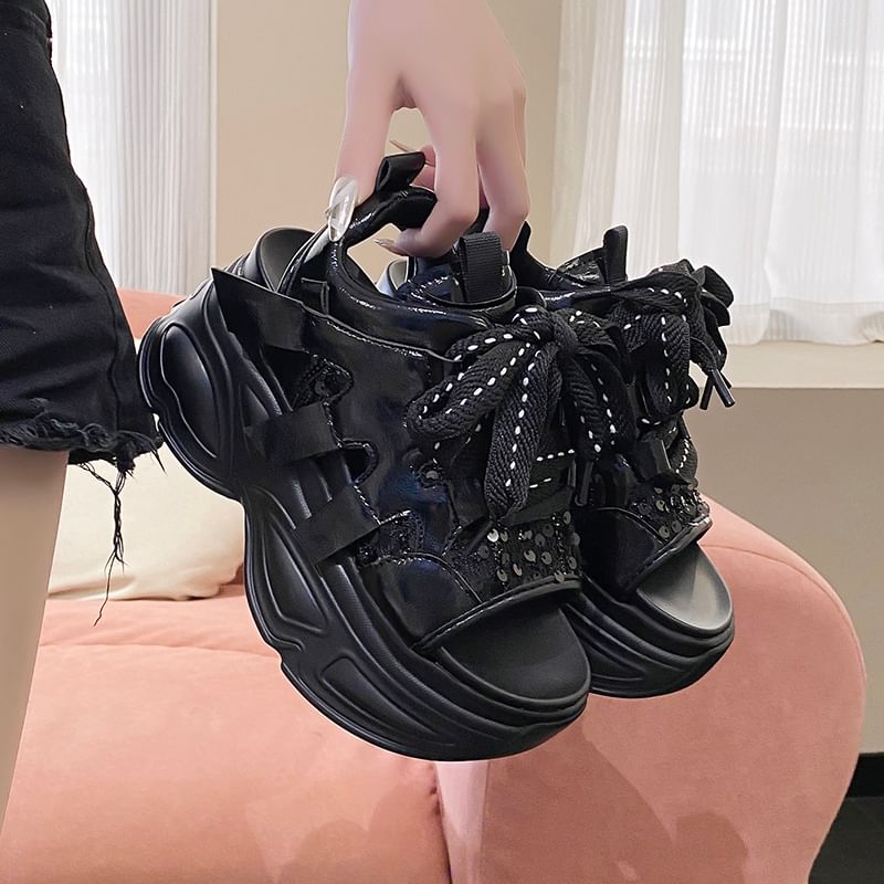 Slingback Lace-Up Sandals Platform Sequin