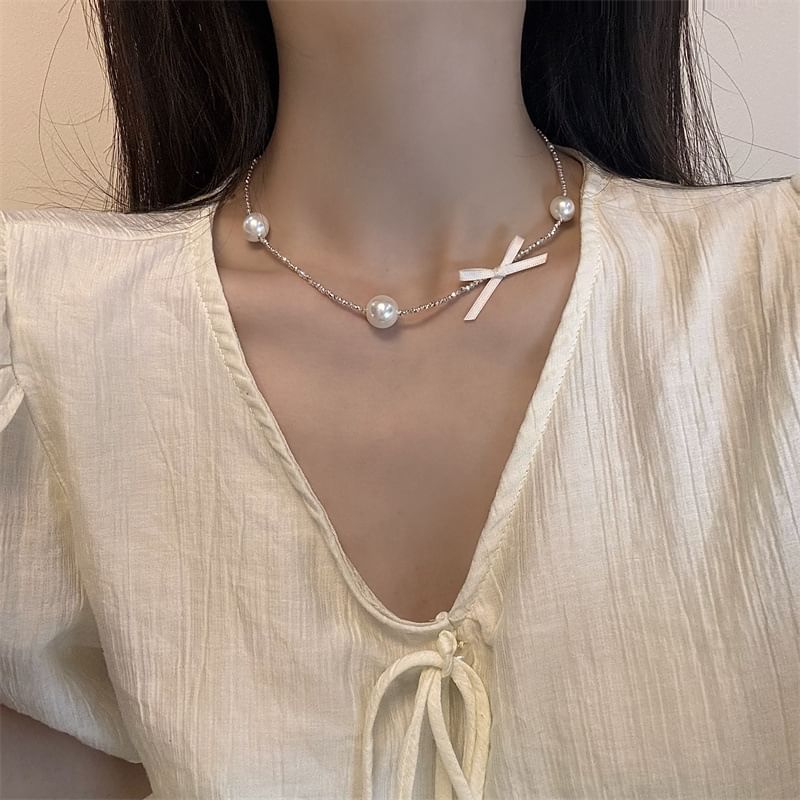 Pearl Faux Ribbon Choker Alloy