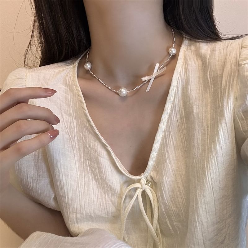 Pearl Faux Ribbon Choker Alloy