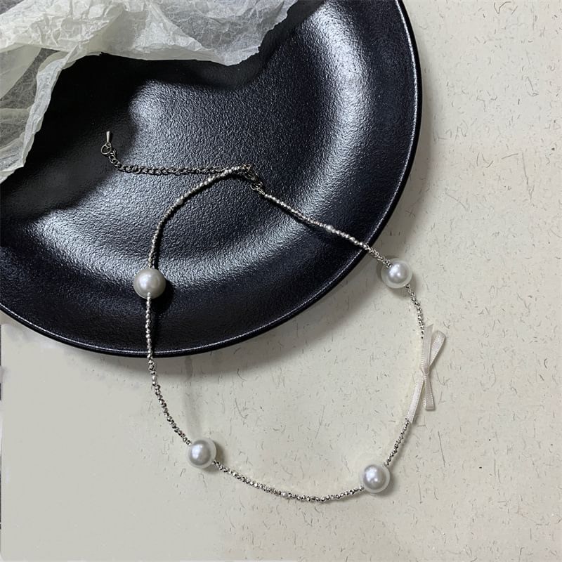Pearl Faux Ribbon Choker Alloy