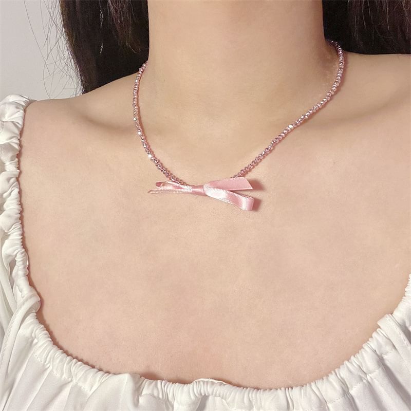 Bow Necklace Pendant Beaded With