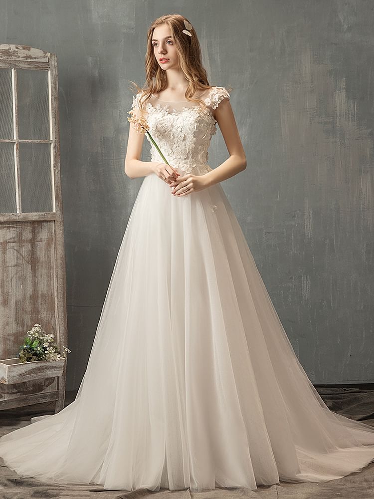 Designs) (Various A-Line Cap-Sleeve Wedding Gown Lace