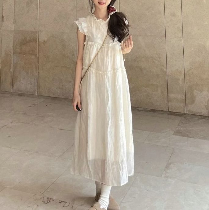 Cap-Sleeve Dress Sheer A-Line Plain Midi