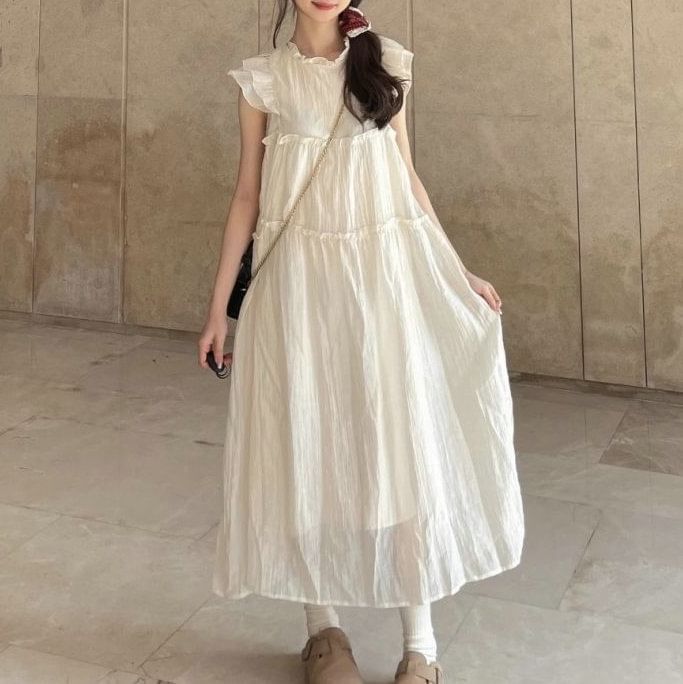 Cap-Sleeve Dress Sheer A-Line Plain Midi