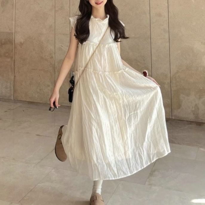 Cap-Sleeve Dress Sheer A-Line Plain Midi