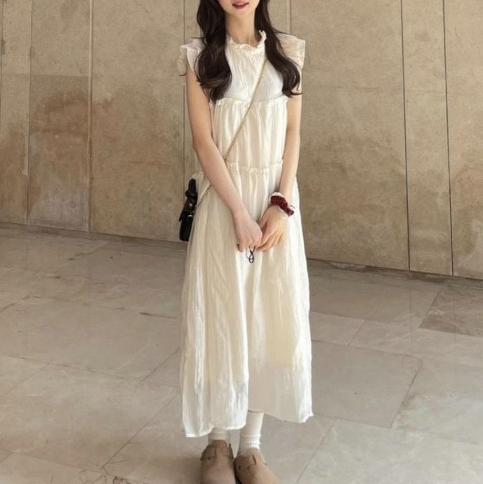 Cap-Sleeve Dress Sheer A-Line Plain Midi