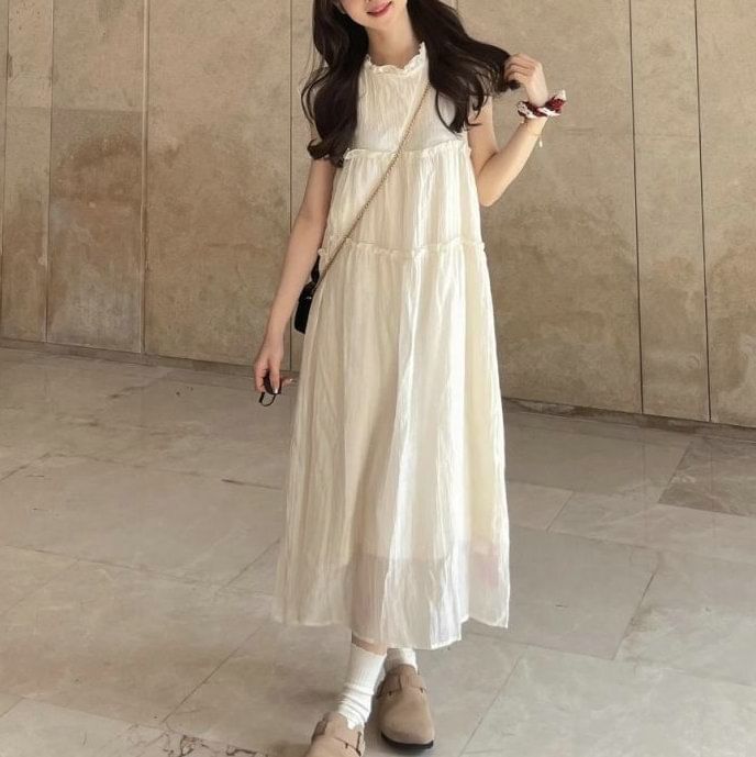 Cap-Sleeve Dress Sheer A-Line Plain Midi