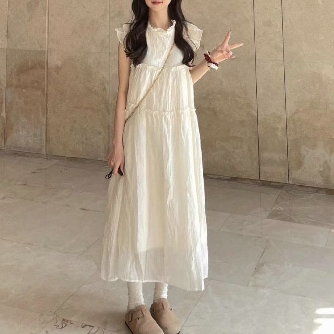 Cap-Sleeve Dress Sheer A-Line Plain Midi