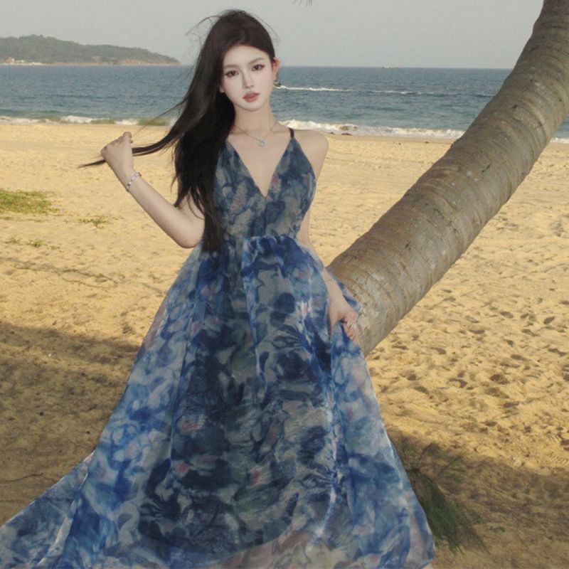 A-Line Tie Strap Maxi V-Neck Dye Print Dress Spaghetti